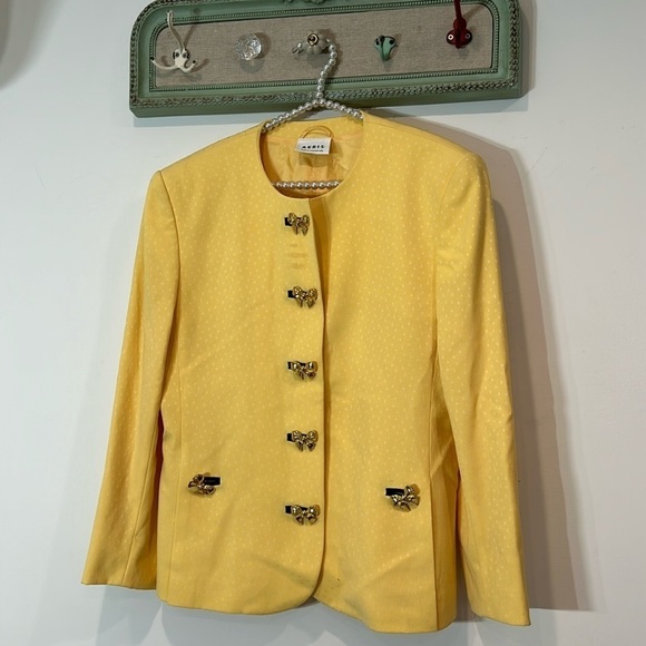 Vintage AKRIS yellow Swiss dot gold bow detail button blazer jacket women’s - Picture 1 of 14